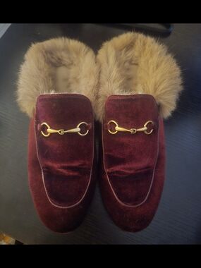 Velvet Rabbit Fur-Lined Slip-On Loafers in Burgundy